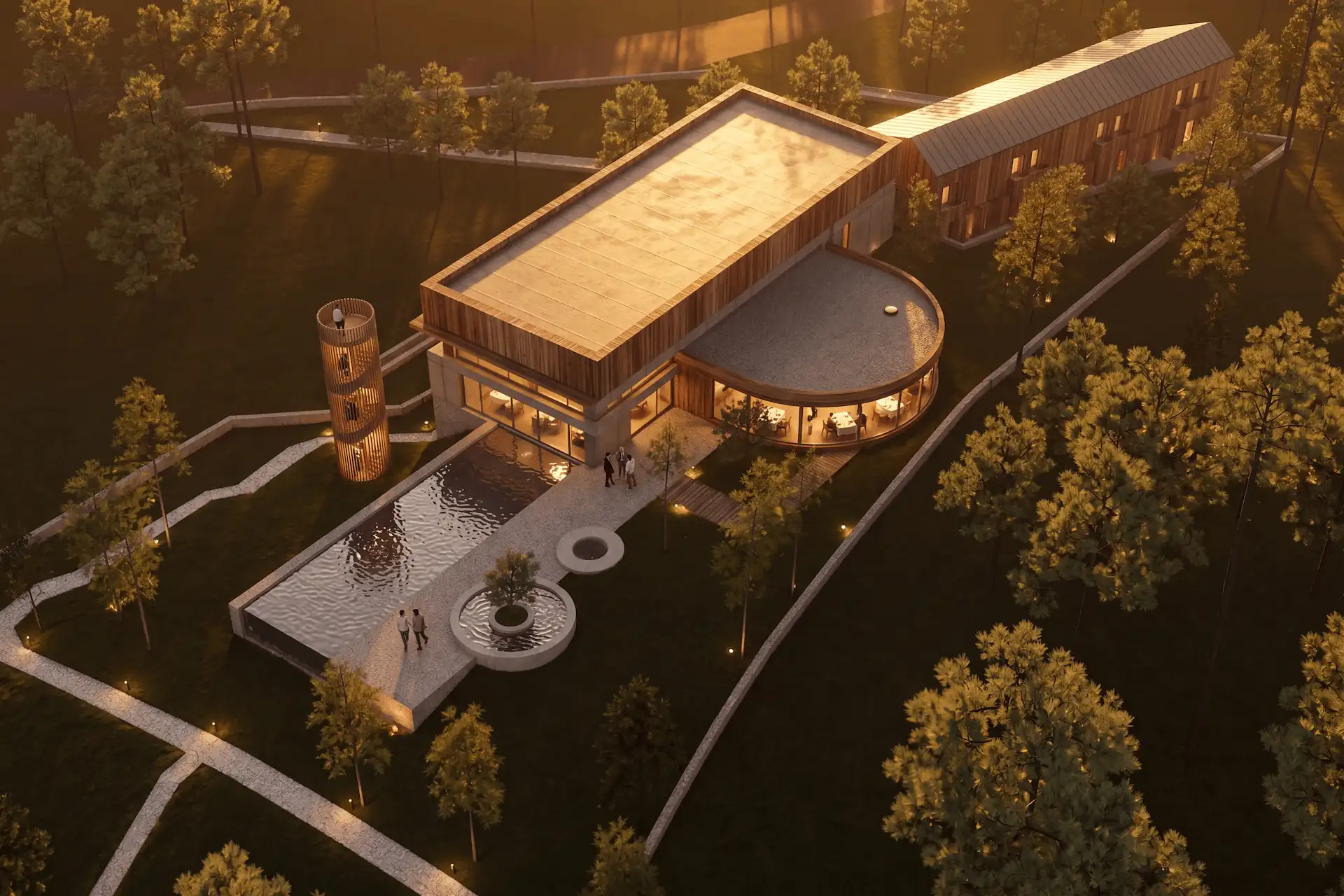Photoreal render of the same forest villa